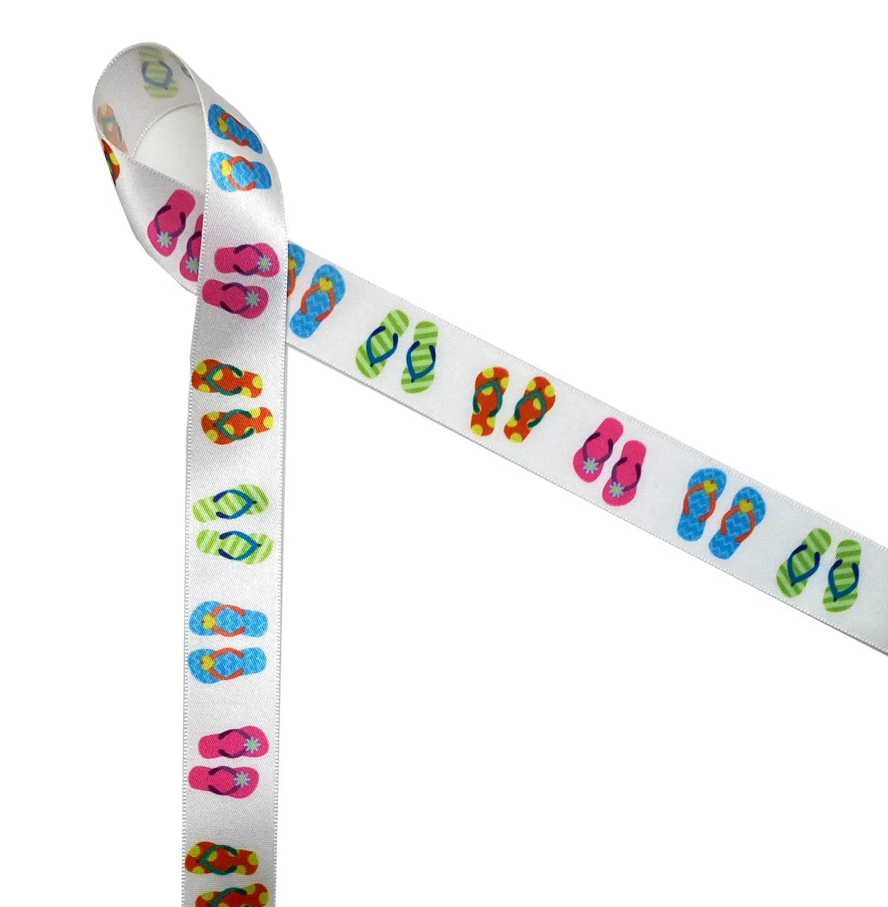 Flip Flops Ribbon on White 7/8" Single Face Satin Ribbon