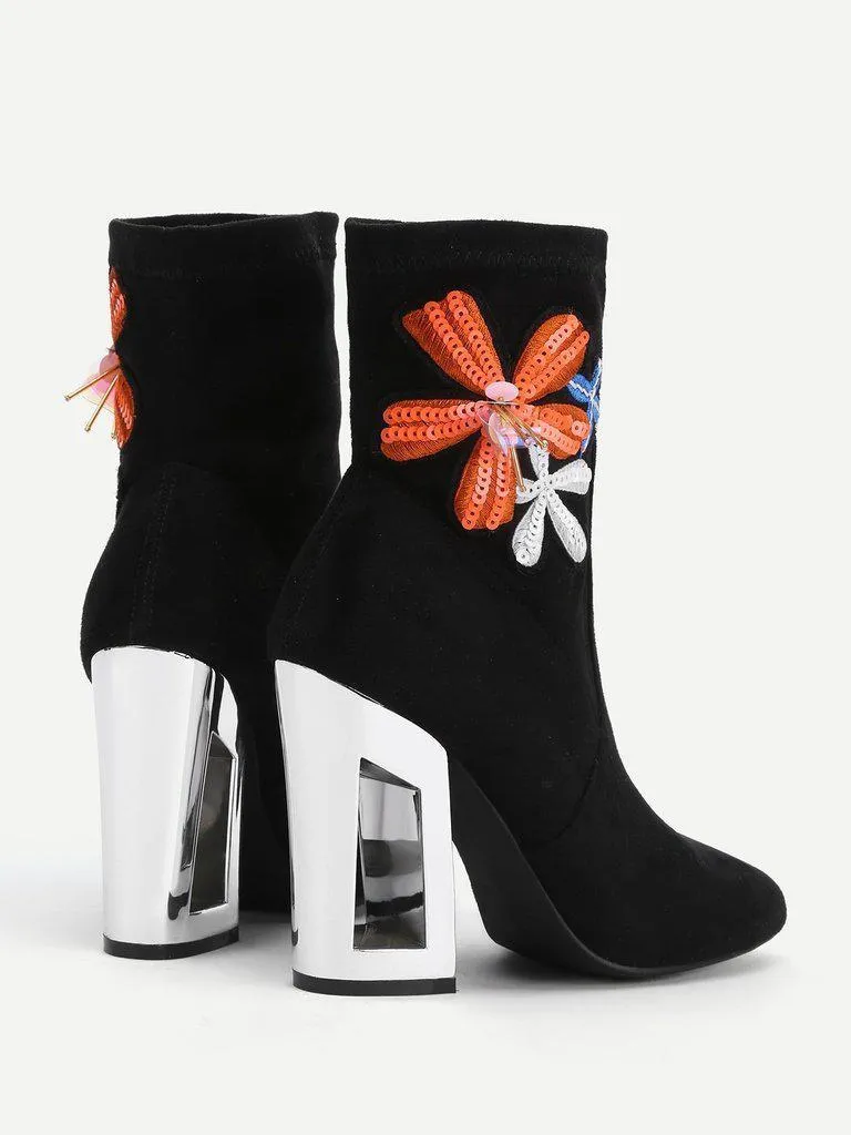 Flower Embroidery Clear Heeled Boots