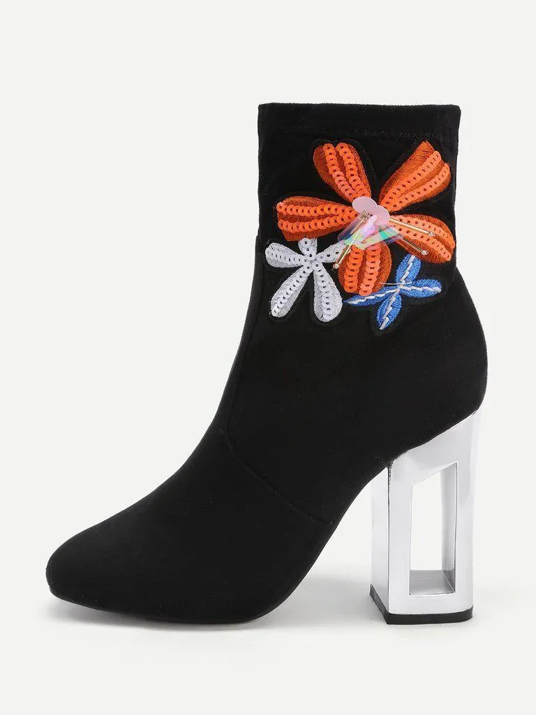 Flower Embroidery Clear Heeled Boots