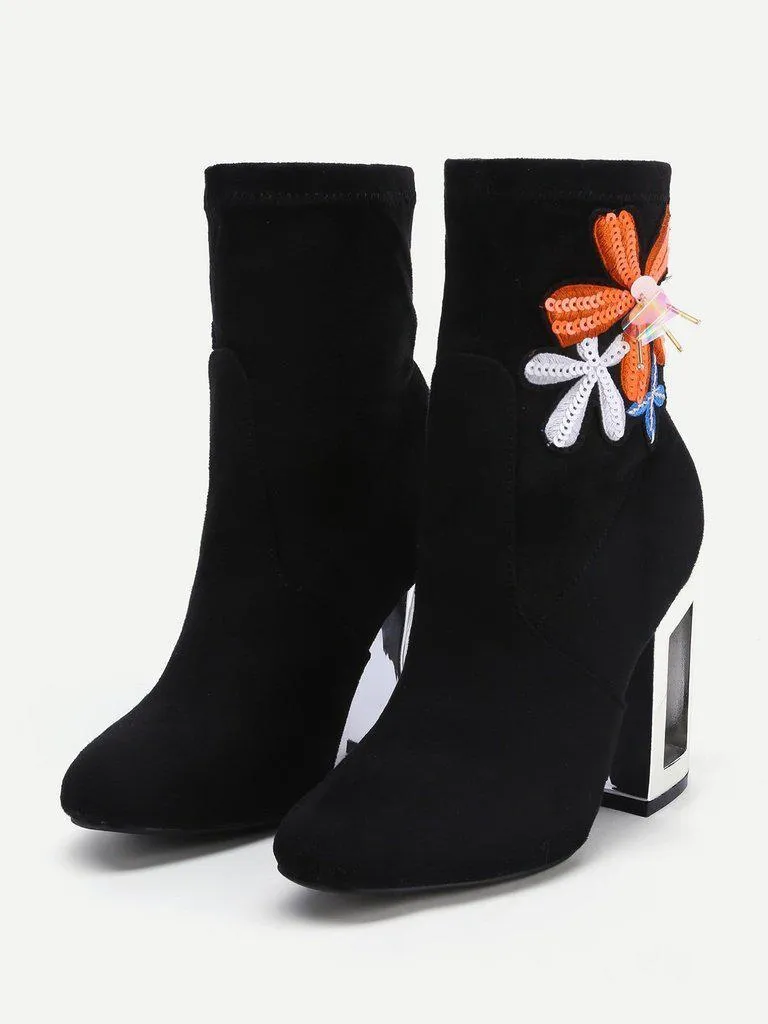 Flower Embroidery Clear Heeled Boots