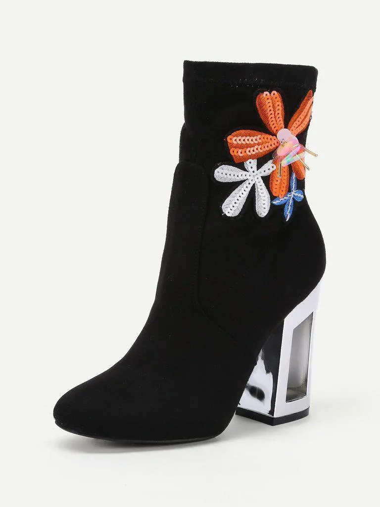 Flower Embroidery Clear Heeled Boots