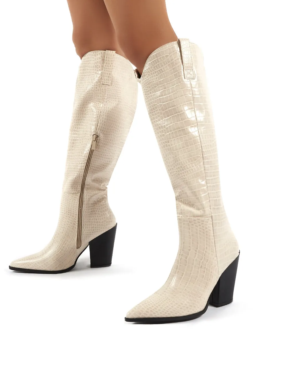 Grenade Beige Croc Western Heeled Knee High Boots