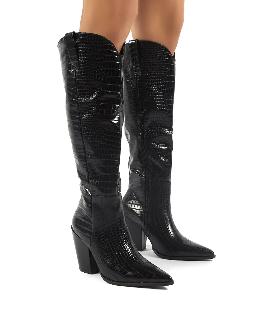 Grenade Black Croc Western Heeled Knee High Boots