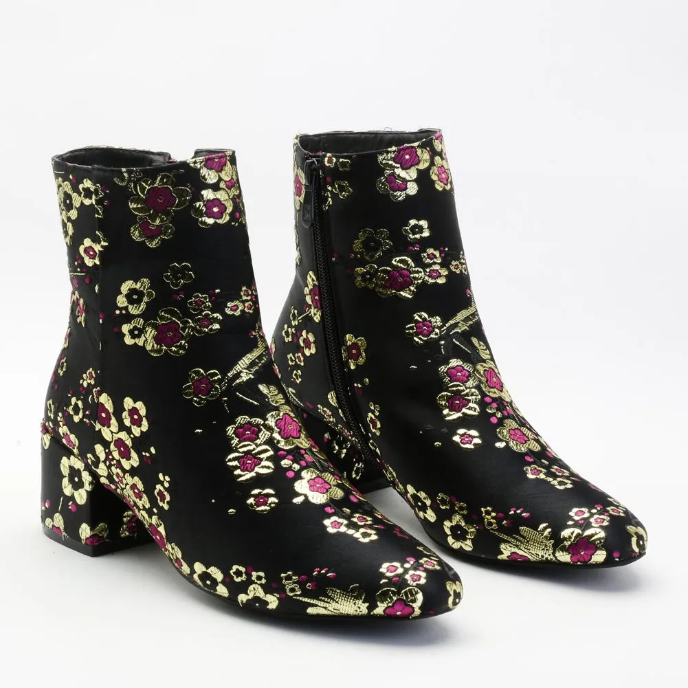 Hana Embroidered Ankle Boots in Pink Cherry Blossom