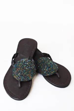 Hand Beaded Flip Flops, Blue Discs