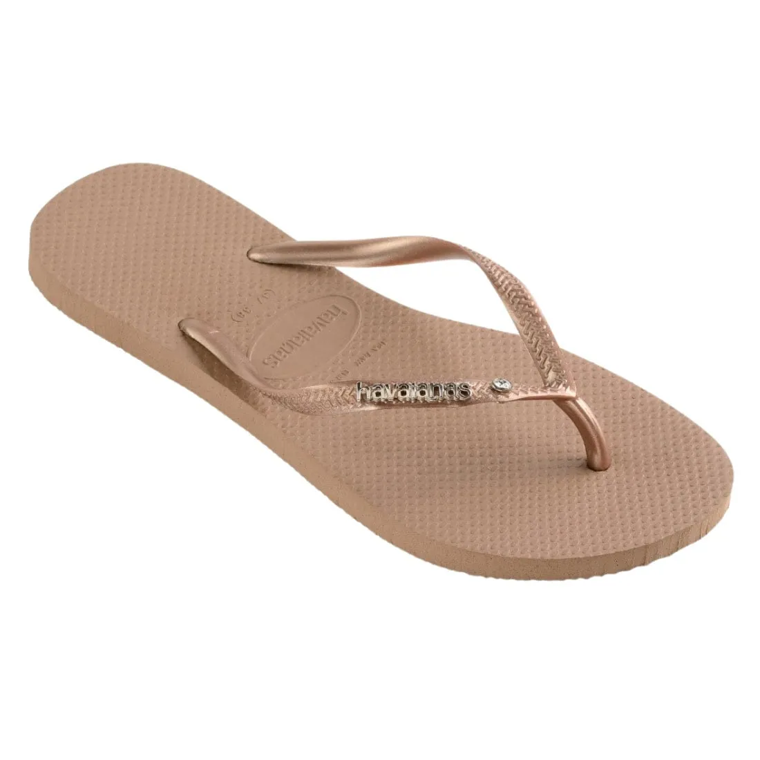 Havaianas Womens Slim Metal Logo & Crystal Flip Flop Sandals - Rose Gold