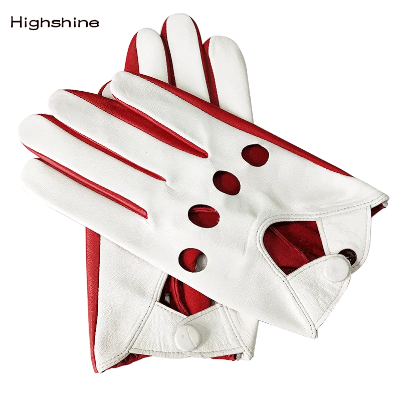 Highshine Men's Luxury Genuine Goatskin Leather Driving Gloves Thin Unlined for a tighter fit and extra flexibility Red/White