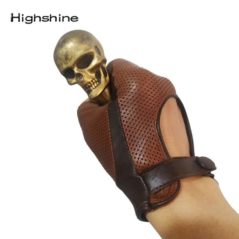 Highshine Men's Unlined Soft Half Finger Best Car Driving Leather Gloves Mest