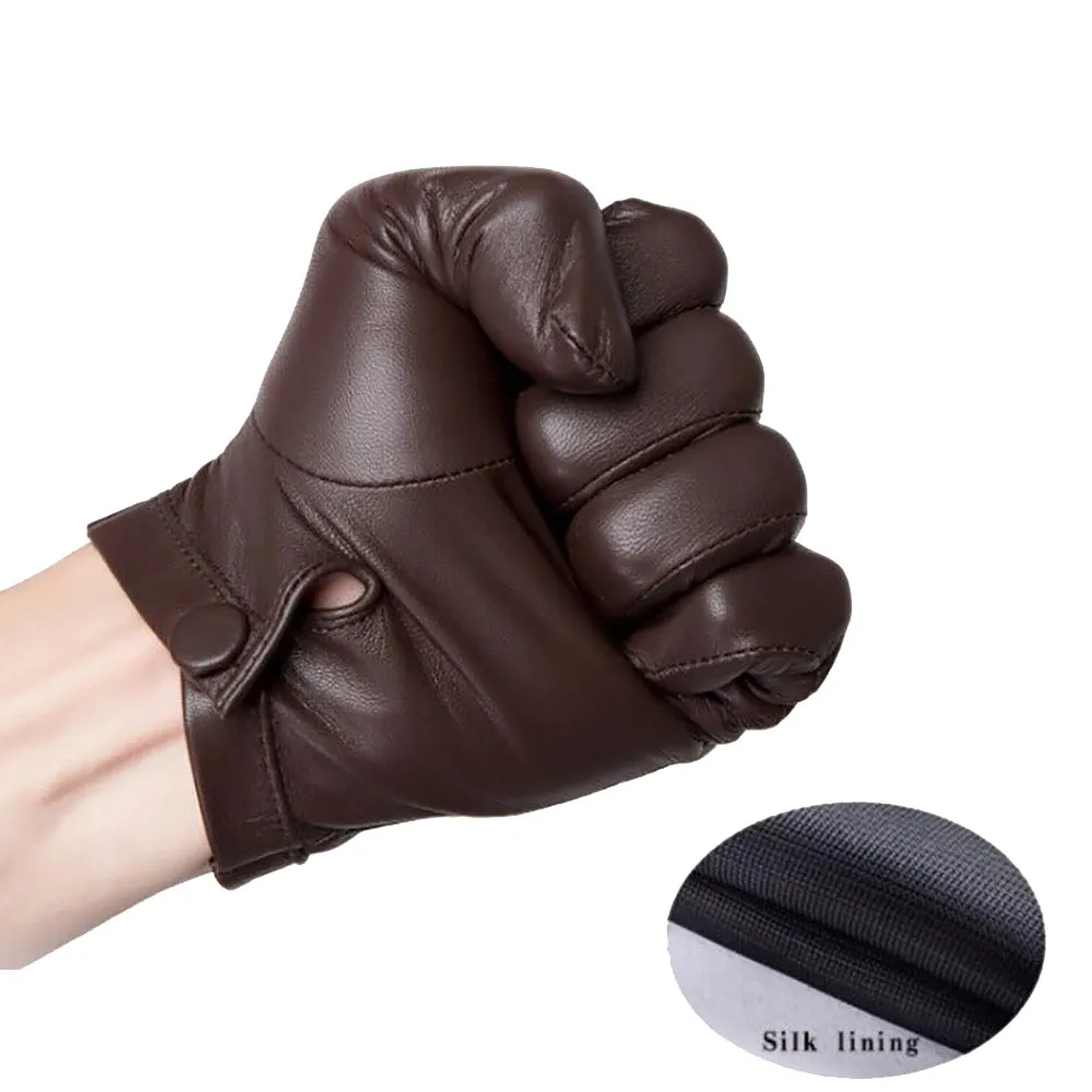 Highshine Unlined Short Wrist Goatskin Leather Touch Screen Winter Gloves for Men Black and brown