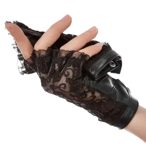 HIGHSHINE Women Genuine Leather Lace Half Finger Driving Gloves Dancing