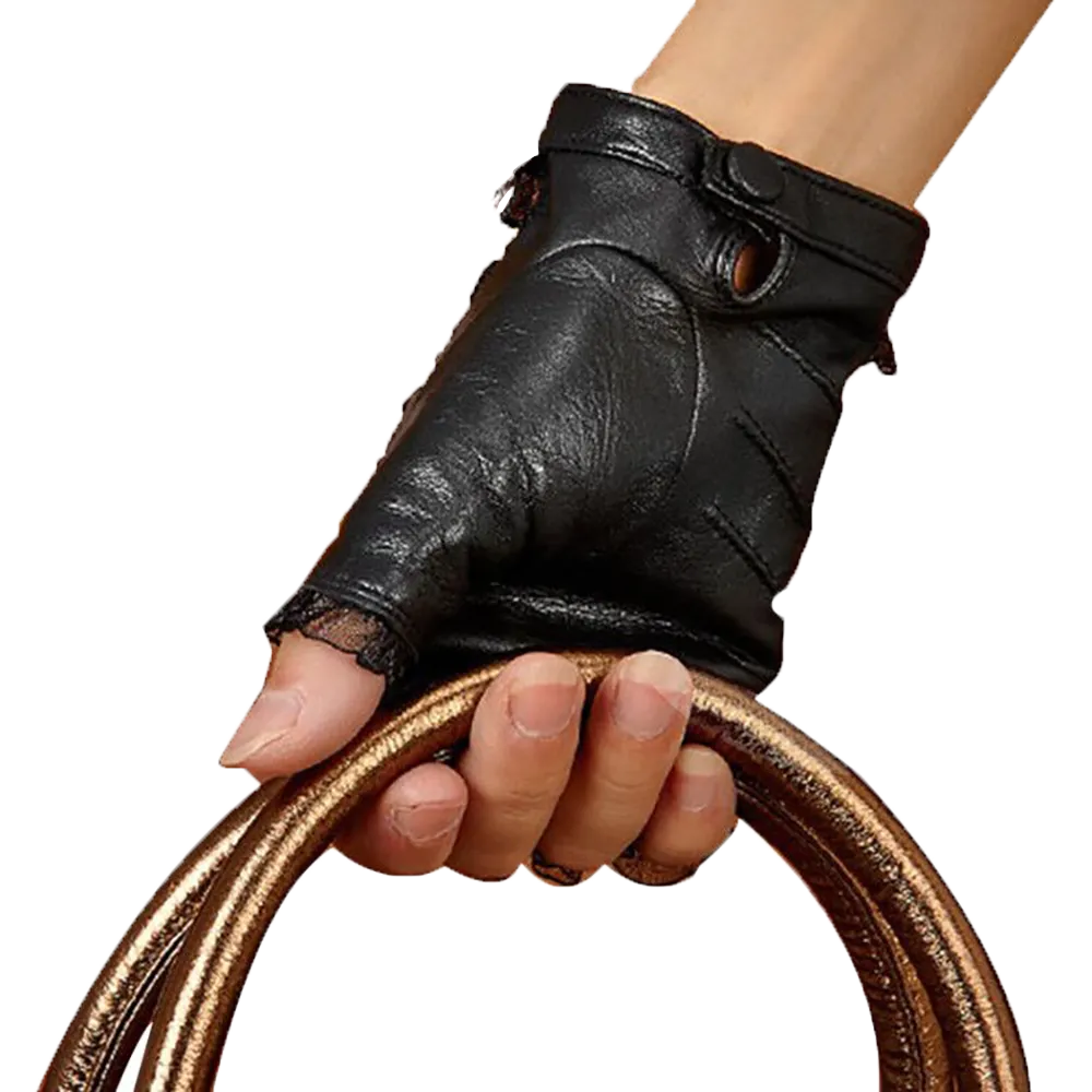 HIGHSHINE Women Genuine Leather Lace Half Finger Driving Gloves Dancing