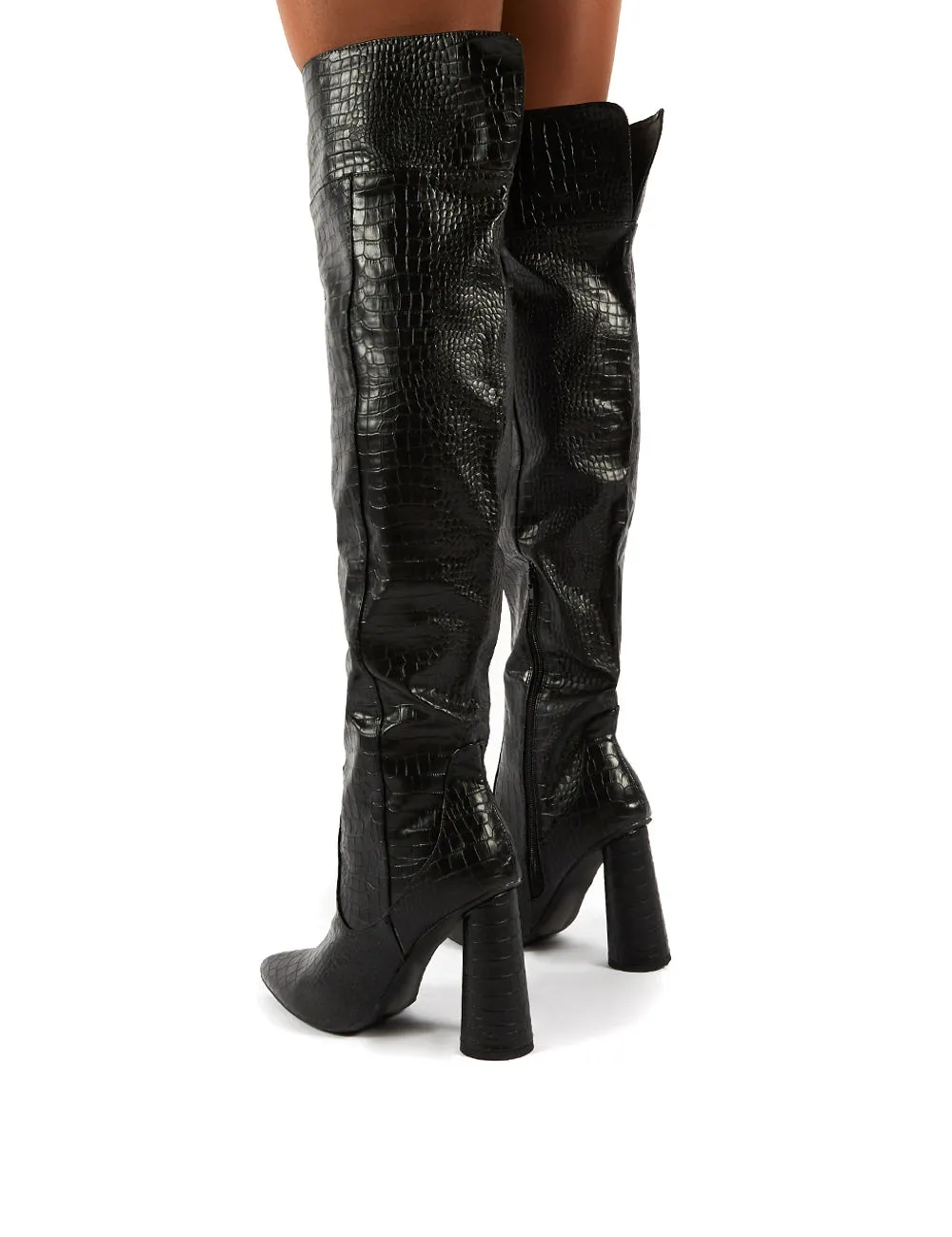 Hometown Wide Fit Black Croc Over The Knee Heeled Boots