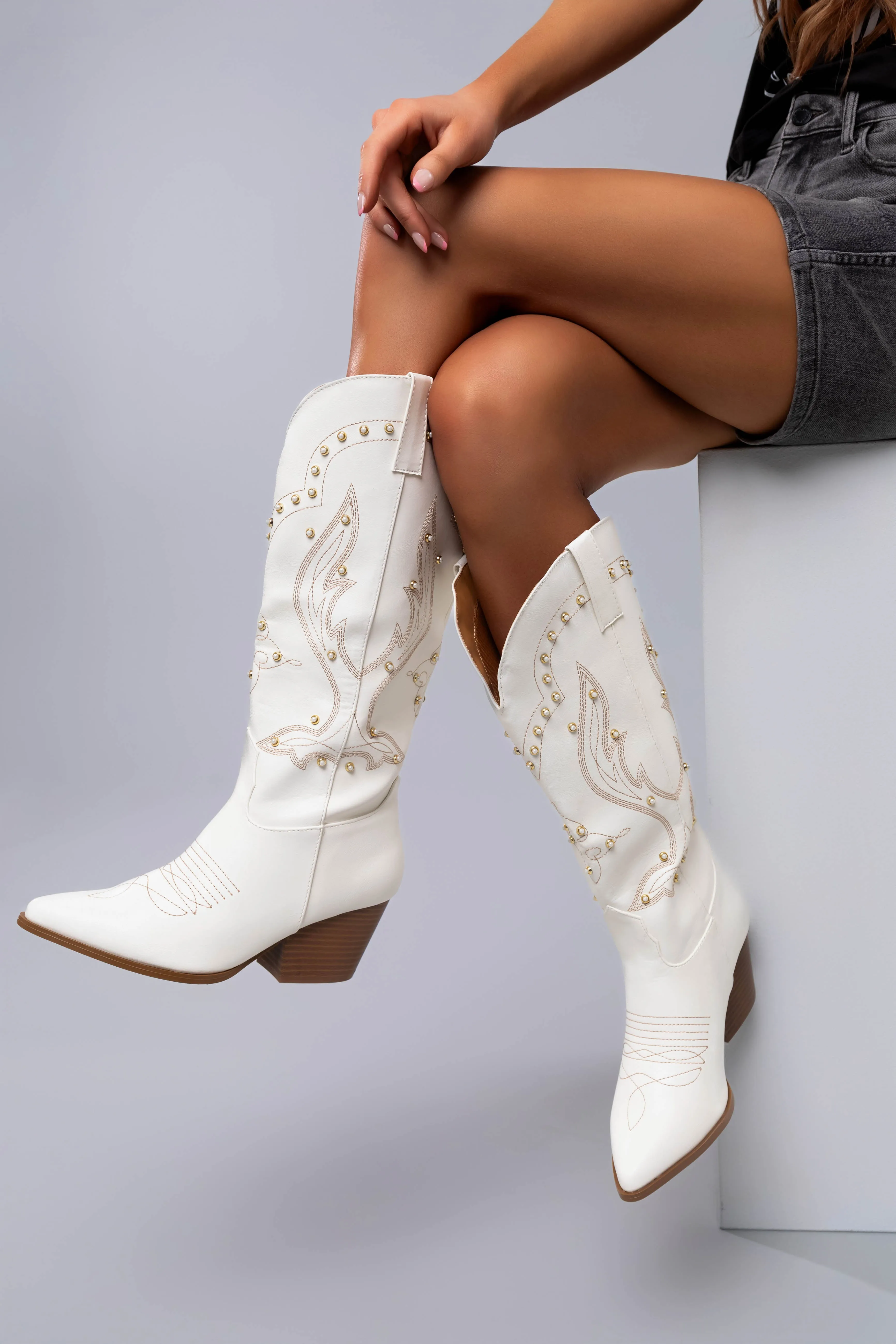 Ivory Embroidered Pearl Detail Heeled Boots