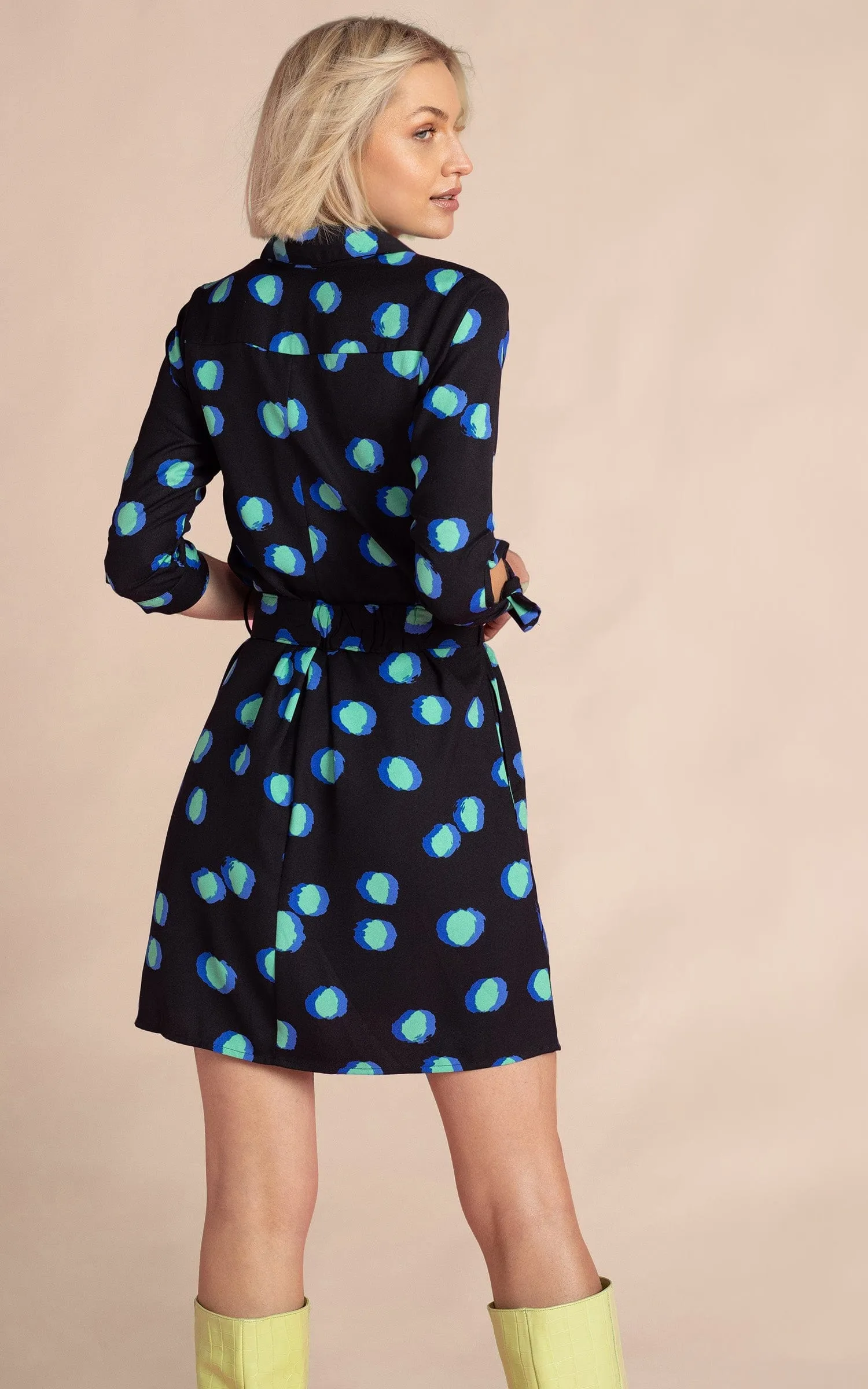 Jonah Mini Shirt Dress in Polka Dot Blue on Black