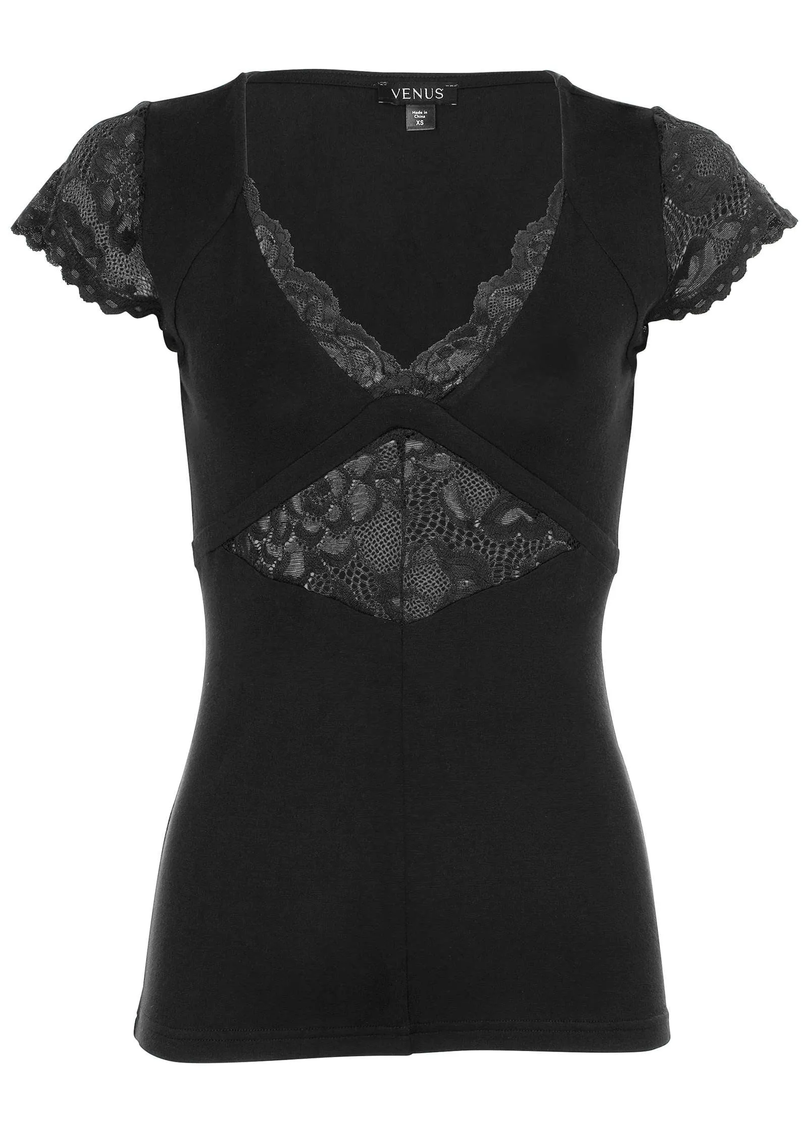 Lace Inset Short Sleeve Top  - Black