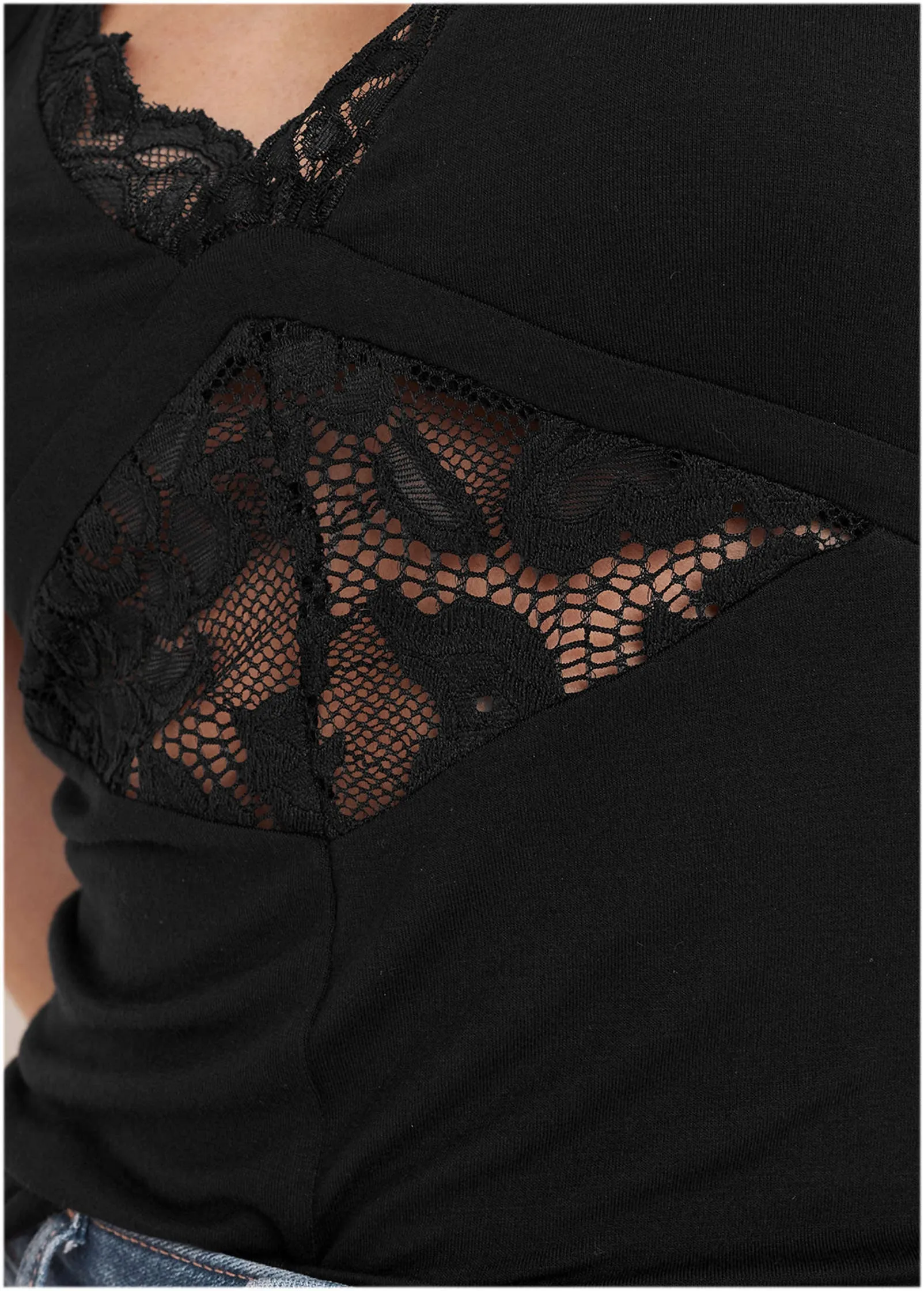 Lace Inset Short Sleeve Top  - Black