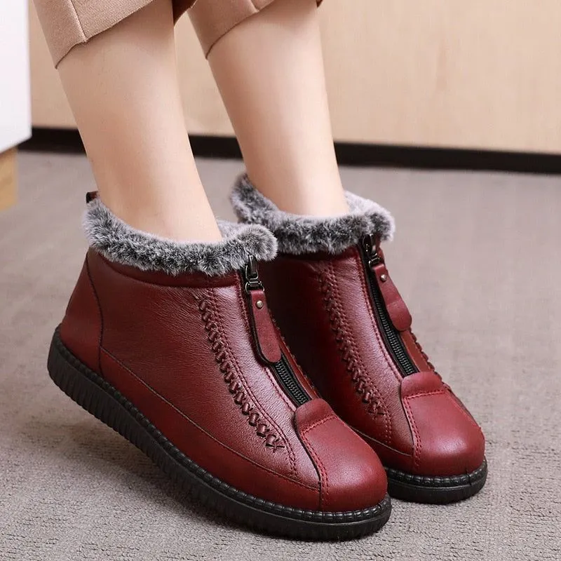 Leather Waterproof Boots Velvet Warm Lightweight Flat Women's Casual Shoe GCS353