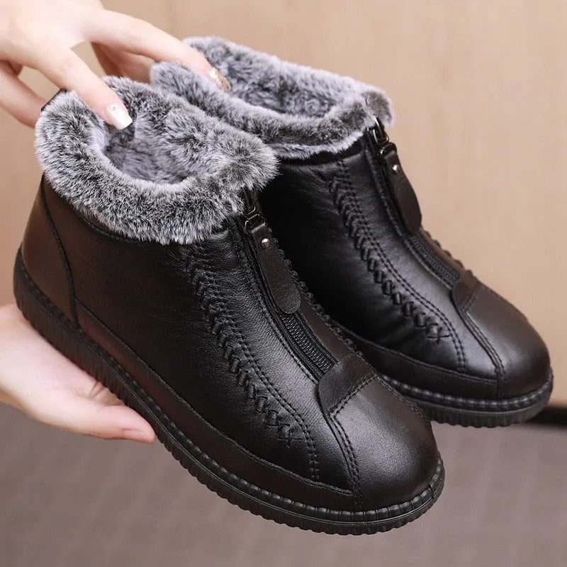 Leather Waterproof Boots Velvet Warm Lightweight Flat Women's Casual Shoe GCS353