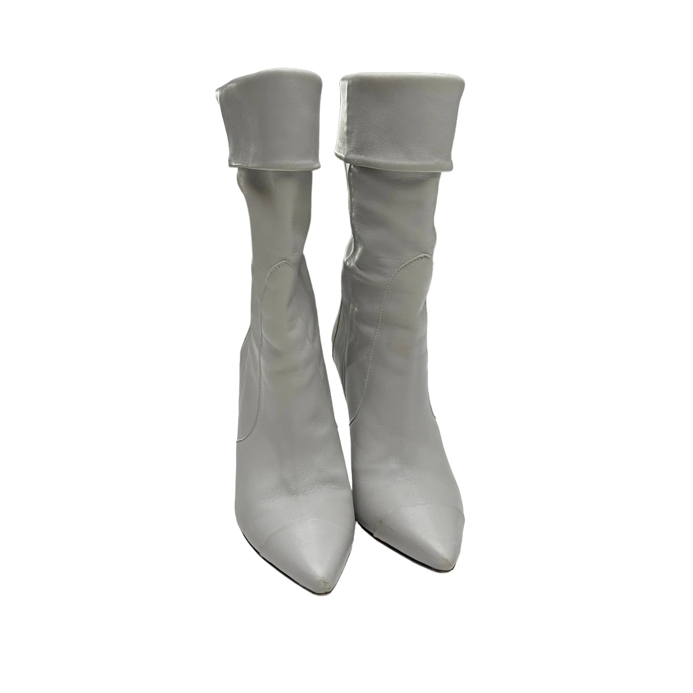 Light Grey Leather Heeled Boots - 6