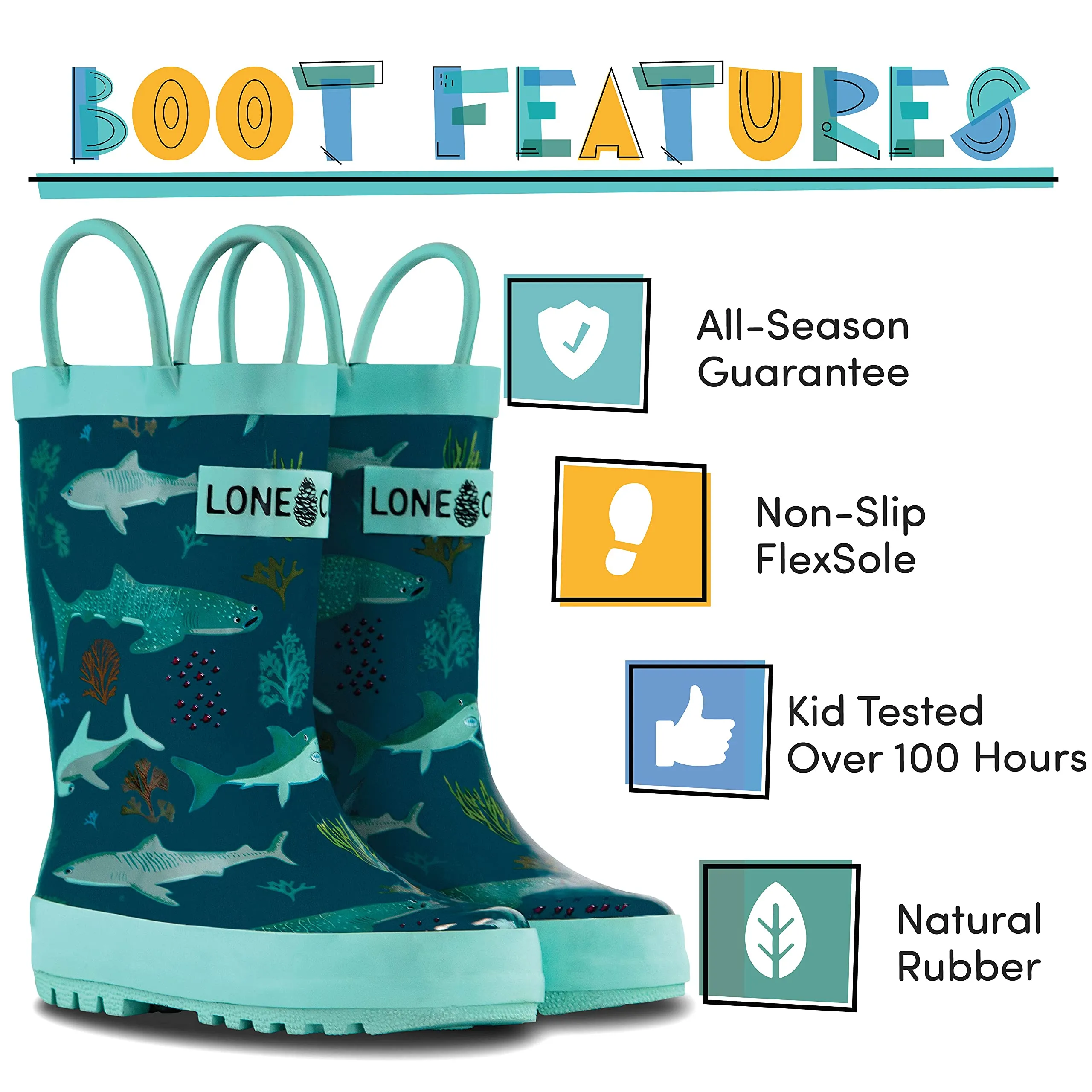 Lone Cone Rain Boots with Easy-On Handles in Fun Patterns for Toddlers and Kids, Sharks, 6 Toddler