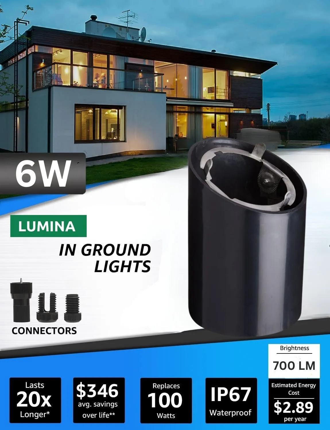 Lumina Lighting® Low Voltage Landscape Well Lights  | Adjustable Outdoor In-Ground Light (Black, 2-Pack)