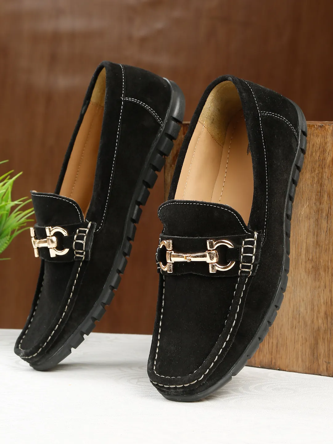 Men's Black Suede Leather Loafers With Golden Buckle