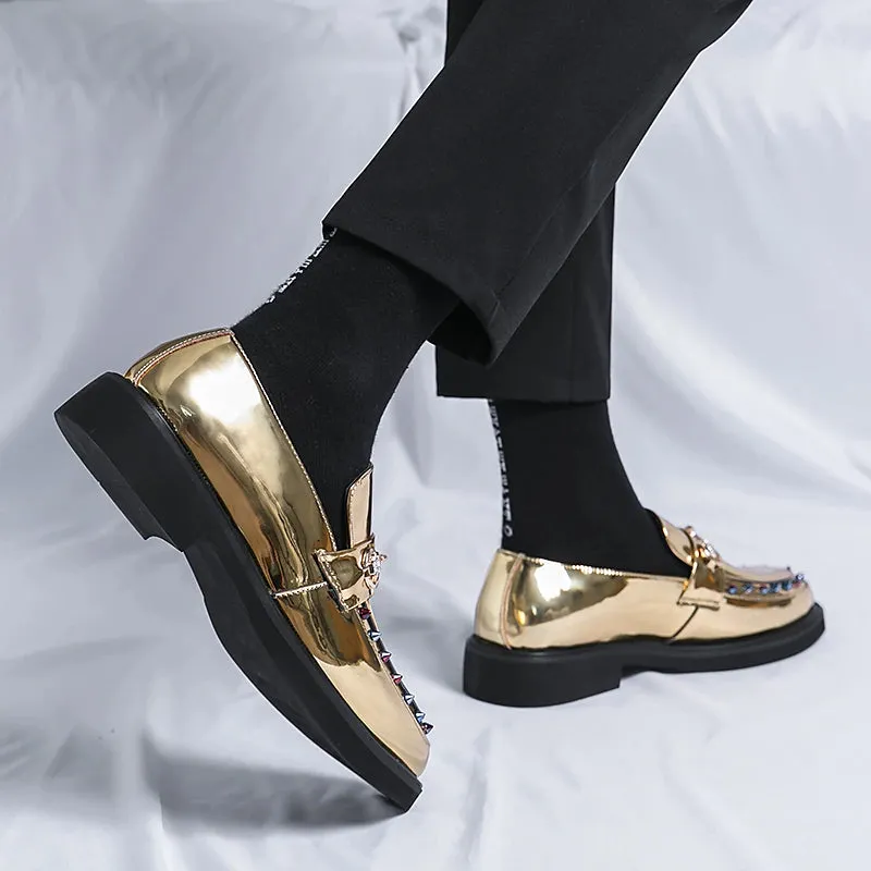 Men's Metallic Gold Mirror Multicolor Jewel Spiked Loafers