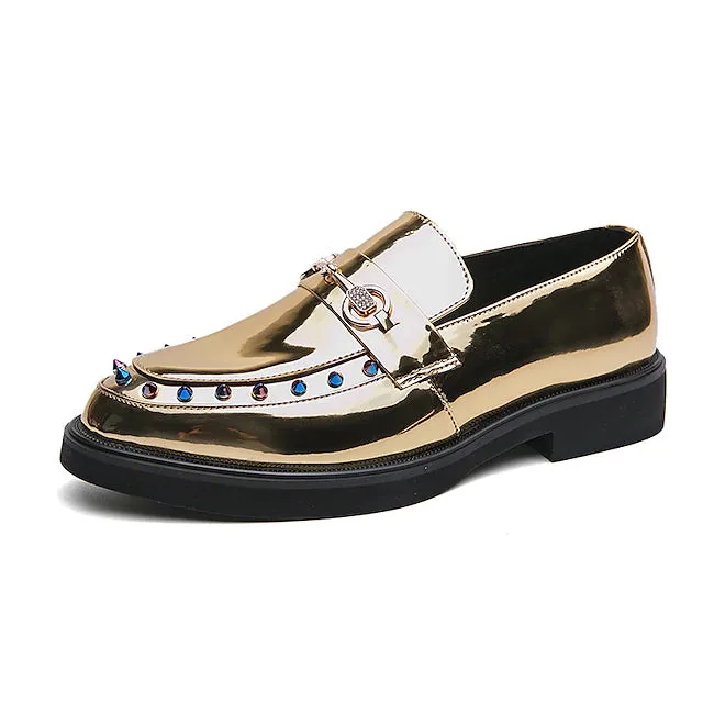 Men's Metallic Gold Mirror Multicolor Jewel Spiked Loafers