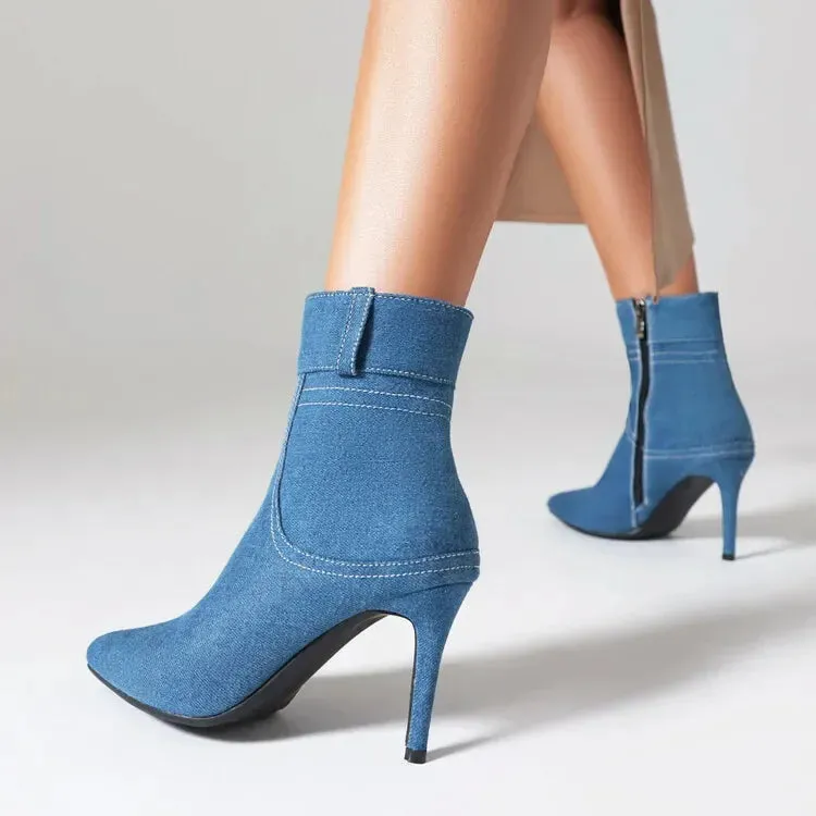 Merendy Suaad pointed toe denim blue heeled booties