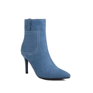 Merendy Suaad pointed toe denim blue heeled booties