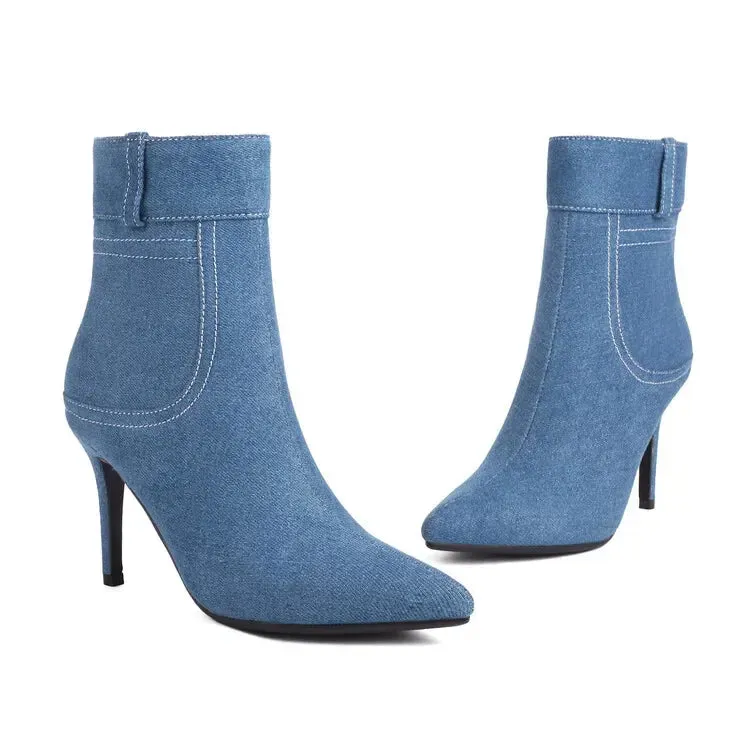 Merendy Suaad pointed toe denim blue heeled booties