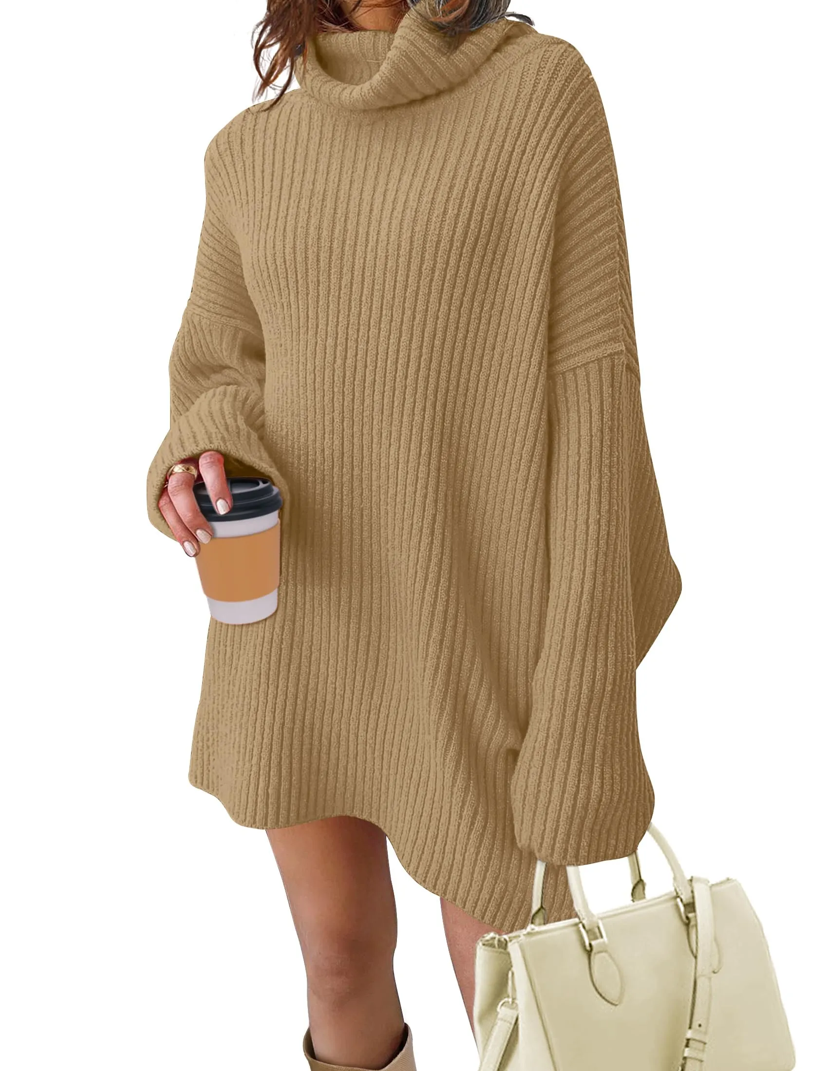 MEROKEETY Turtleneck Oversized Split Ribbed Knit Sweater