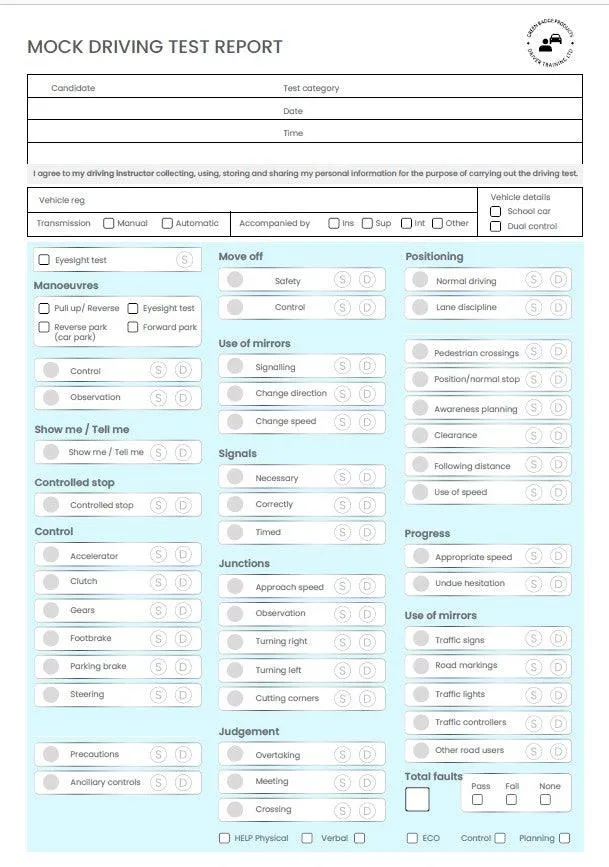 Mock driving test sheets for driving instructors and driving schools & ADI Pt 2