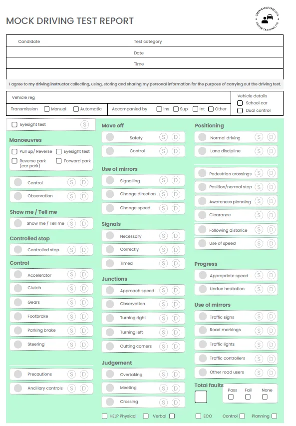 Mock driving test sheets for driving instructors and driving schools & ADI Pt 2