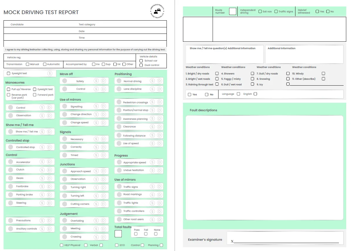 Mock Test Sheets for UK driving test