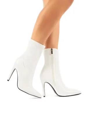 Must White PU Sock Fit Stiletto Heeled Ankle Boots