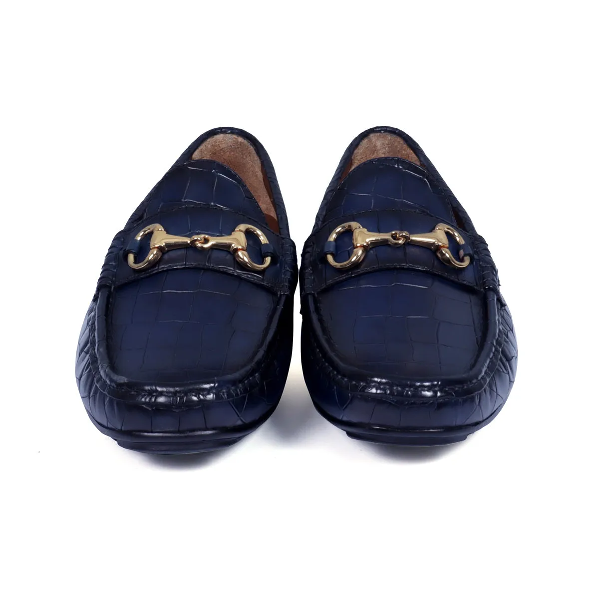 Navy Blue Croco Textured Leather Driving Loafer Shoe