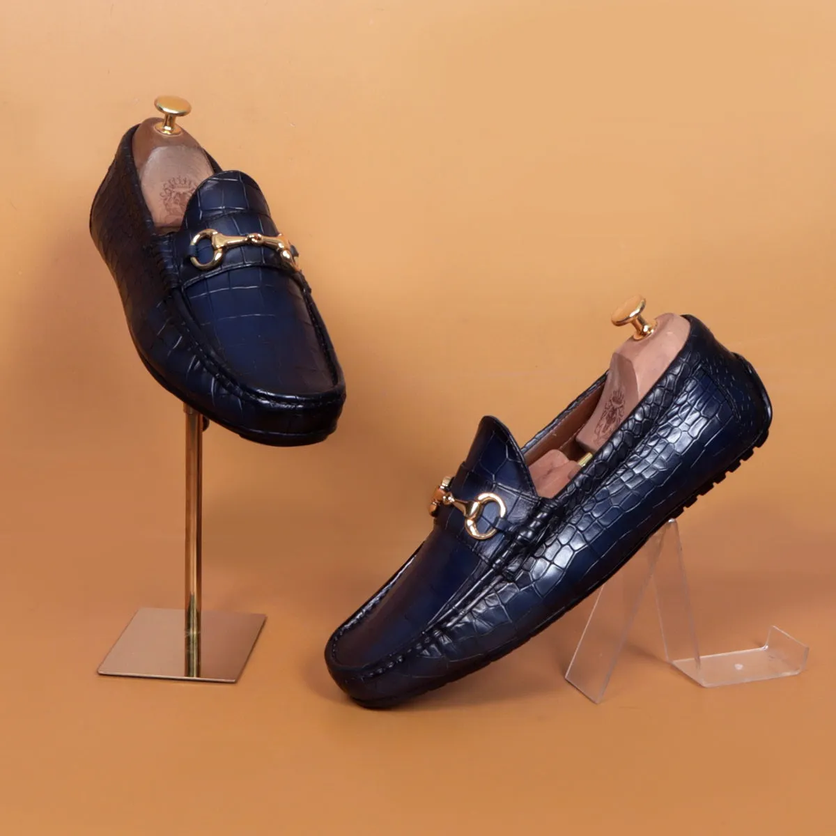 Navy Blue Croco Textured Leather Driving Loafer Shoe