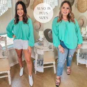 Office Feels Long Sleeve V Neck Babydoll Top in Mint