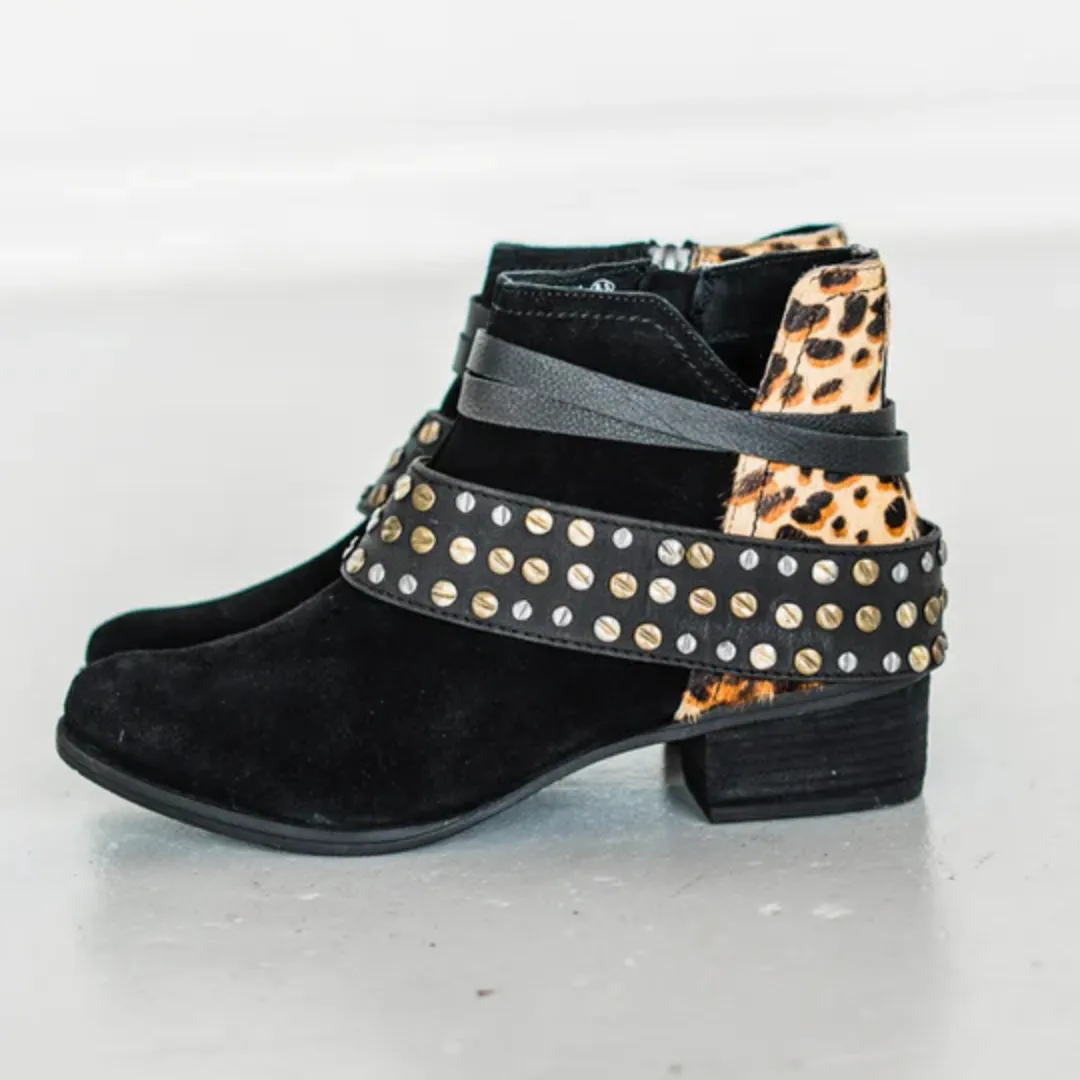 Online Exclusive | Crimson Hammered Studs and Straps Bootie in Black and Leopard