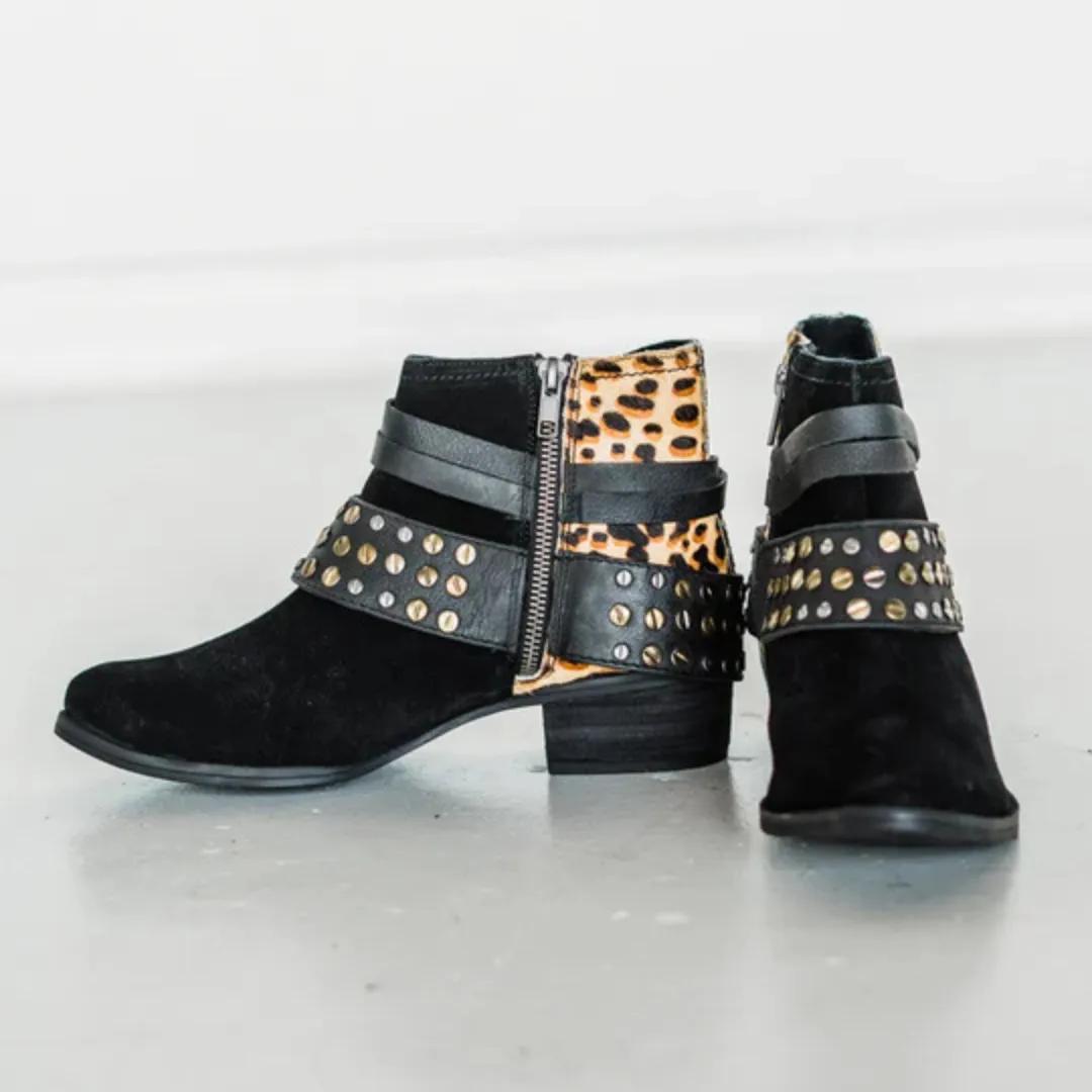 Online Exclusive | Crimson Hammered Studs and Straps Bootie in Black and Leopard