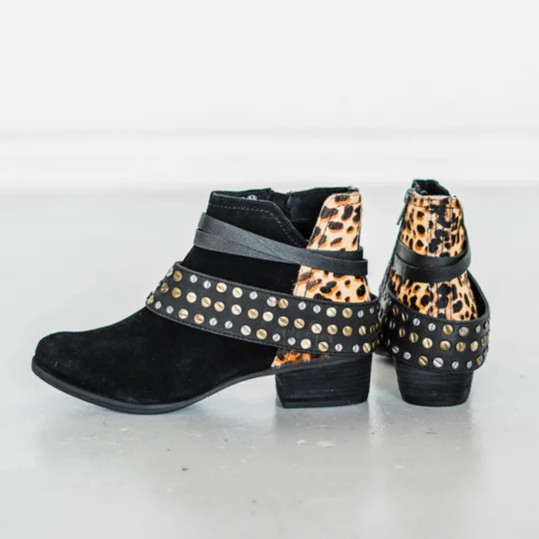 Online Exclusive | Crimson Hammered Studs and Straps Bootie in Black and Leopard