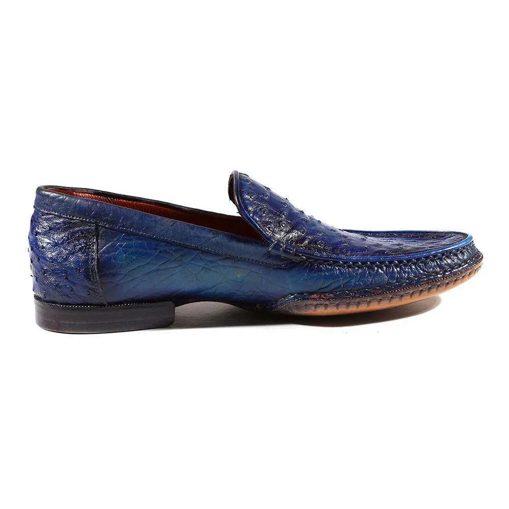 Paul Parkman Handmade Designer Shoes Men's Designer Shoes Opanka Construction Genuine Ostrich Blue Moccasins (PM2019)