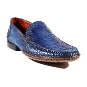 Paul Parkman Handmade Designer Shoes Men's Designer Shoes Opanka Construction Genuine Ostrich Blue Moccasins (PM2019)