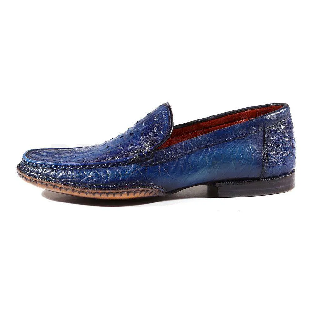 Paul Parkman Handmade Designer Shoes Men's Designer Shoes Opanka Construction Genuine Ostrich Blue Moccasins (PM2019)