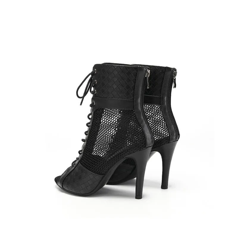 Peep Toe Lace-Up Minimalist Stiletto Heeled Ankle Boots