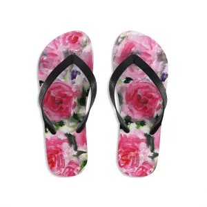 Pink Floral Flip Flops, Growing Pink French Rose Print Unisex Designer Flip-Flops - Made in USA (Size: S, M, L)