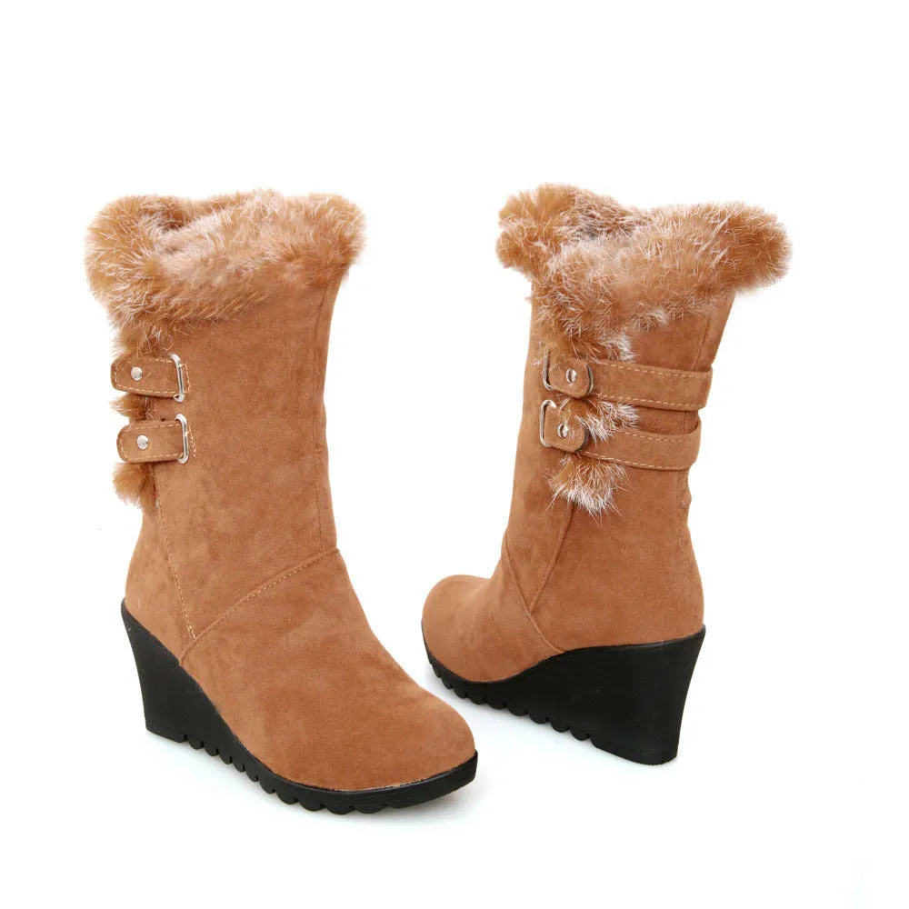 Rabbit Fur Wedge Heeled Mid Calf Boots 4105