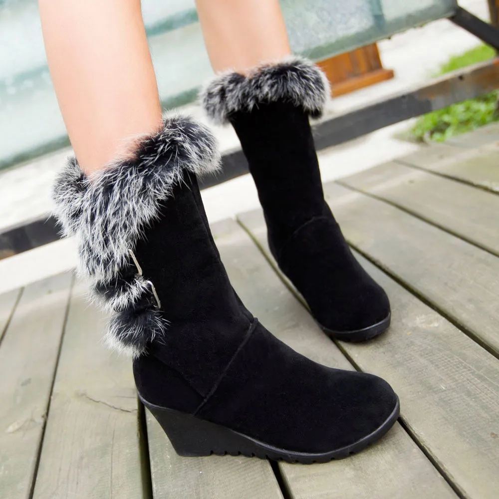 Rabbit Fur Wedge Heeled Mid Calf Boots 4105