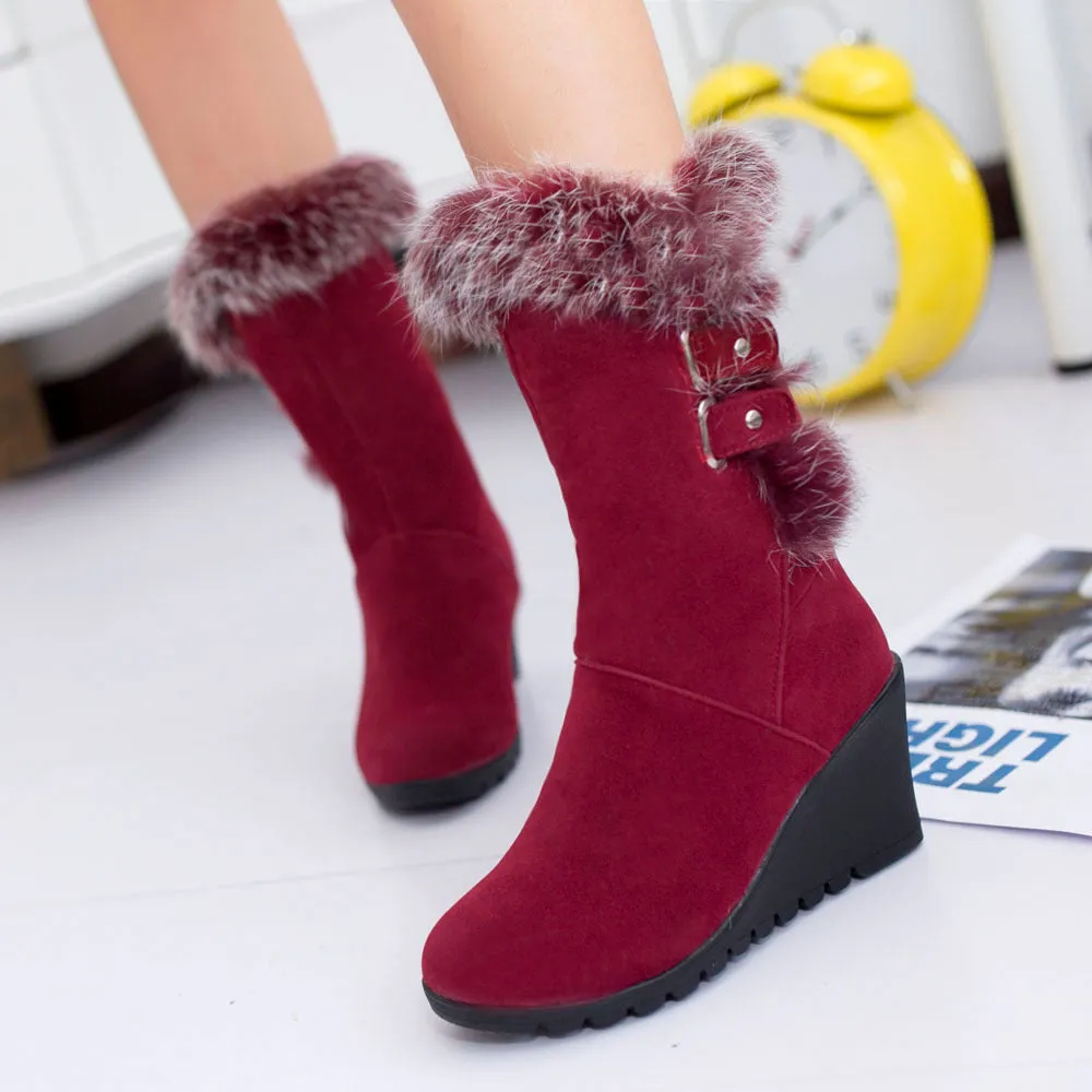 Rabbit Fur Wedge Heeled Mid Calf Boots 4105